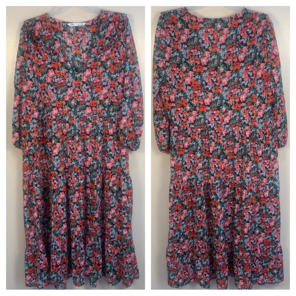 ZARA V Neck Tiered Floral Poppy Maxi Dress - Picture 4 of 13